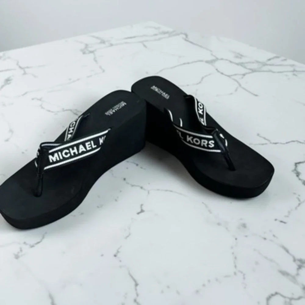 Michael Kors Women's 8 Black Logo Thong Wedge Slip-On Textile Sandals